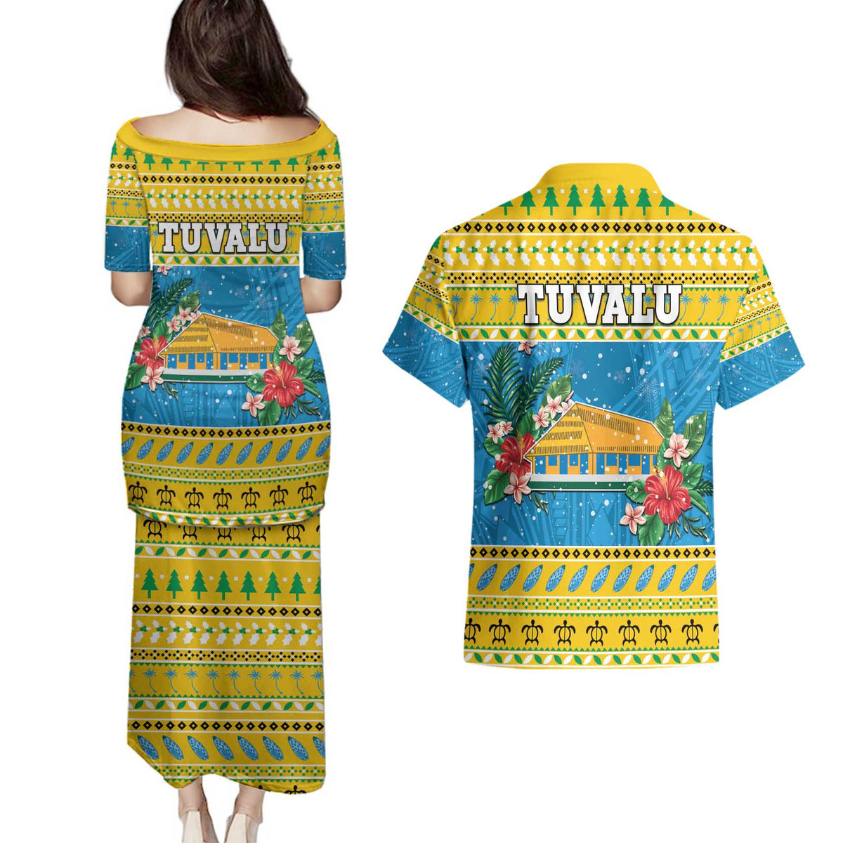 Tuvalu Christmas Couples Matching Puletasi and Hawaiian Shirt Coat Of Arms Manuia Te Kilisimasi