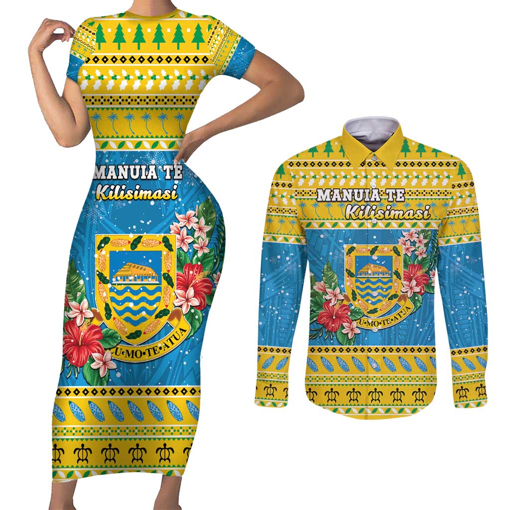 Tuvalu Christmas Couples Matching Short Sleeve Bodycon Dress and Long Sleeve Button Shirt Coat Of Arms Manuia Te Kilisimasi