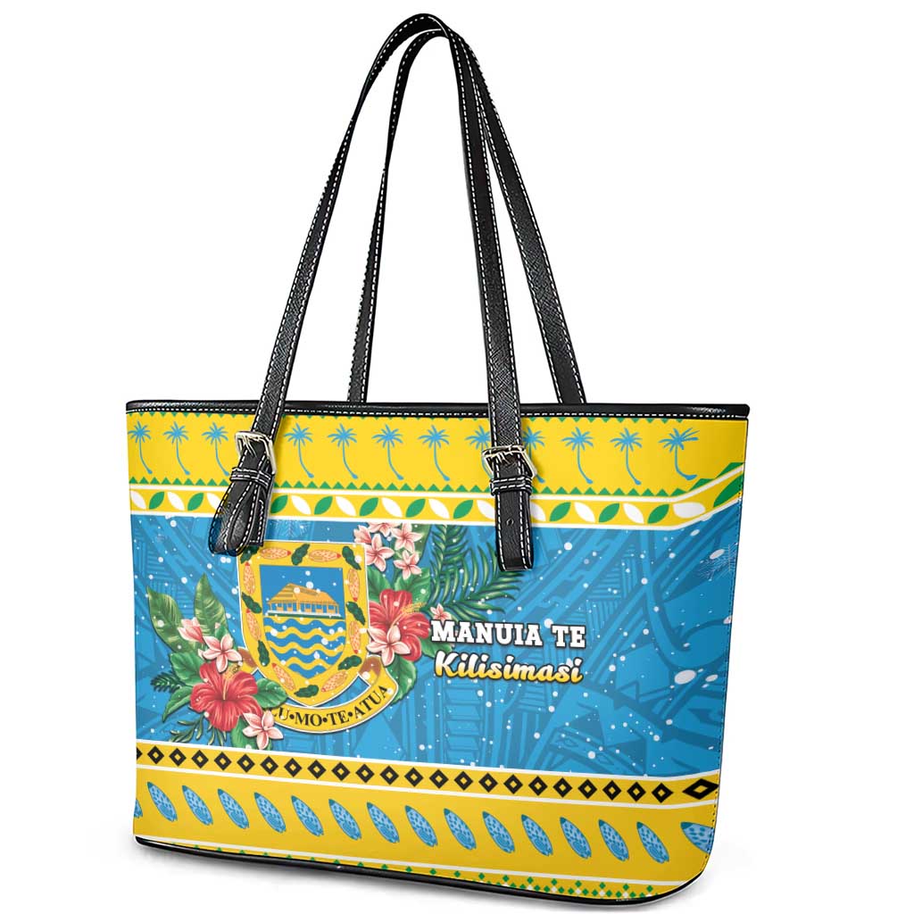 Tuvalu Christmas Leather Tote Bag Coat Of Arms Manuia Te Kilisimasi