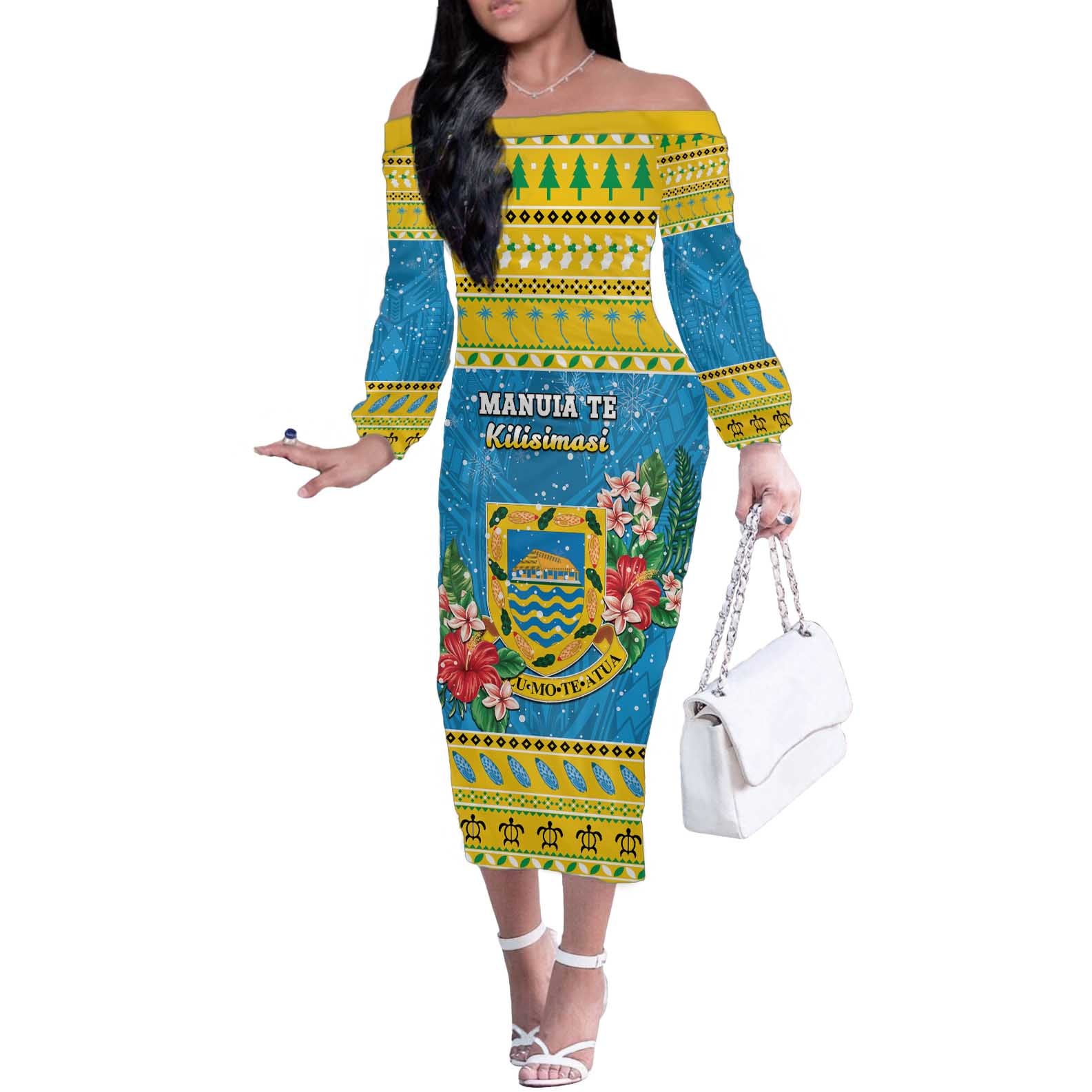 Tuvalu Christmas Off The Shoulder Long Sleeve Dress Coat Of Arms Manuia Te Kilisimasi