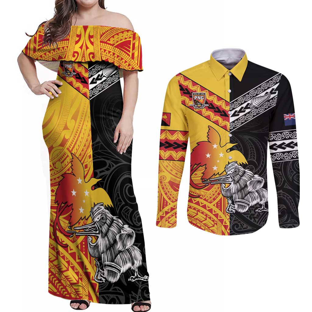 New Zealand And Papua New Guinea Rugby Custom Couples Matching Off Shoulder Maxi Dress and Long Sleeve Button Shirt Maori Kiwi With Bird of Paradise