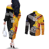 New Zealand And Papua New Guinea Rugby Custom Couples Matching Off The Shoulder Long Sleeve Dress and Long Sleeve Button Shirt Maori Kiwi With Bird of Paradise