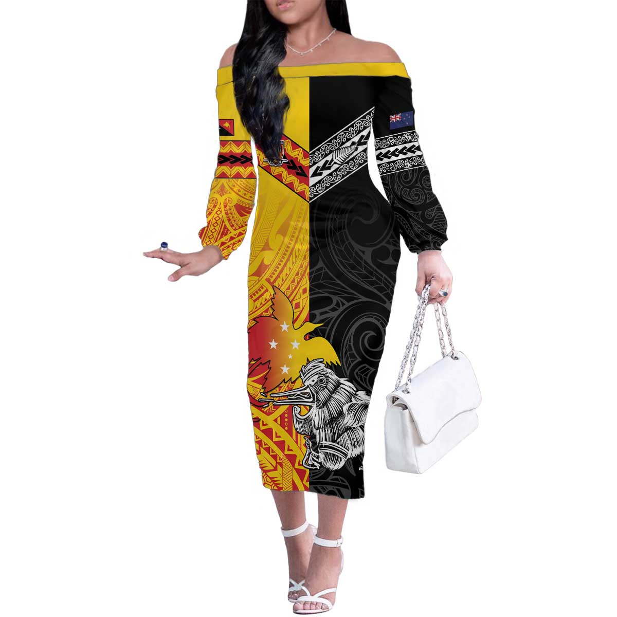 New Zealand And Papua New Guinea Rugby Custom Family Matching Off The Shoulder Long Sleeve Dress and Hawaiian Shirt Maori Kiwi With Bird of Paradise