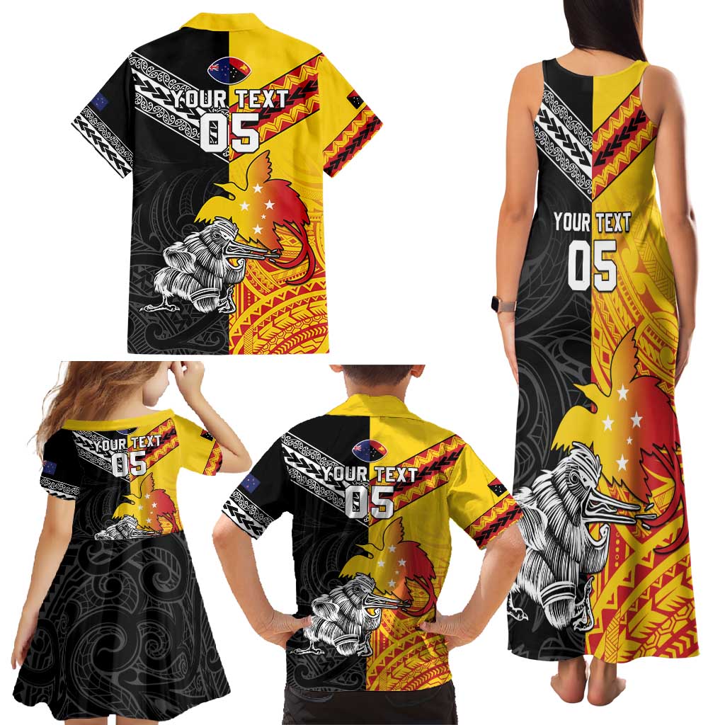New Zealand And Papua New Guinea Rugby Custom Family Matching Tank Maxi Dress and Hawaiian Shirt Maori Kiwi With Bird of Paradise