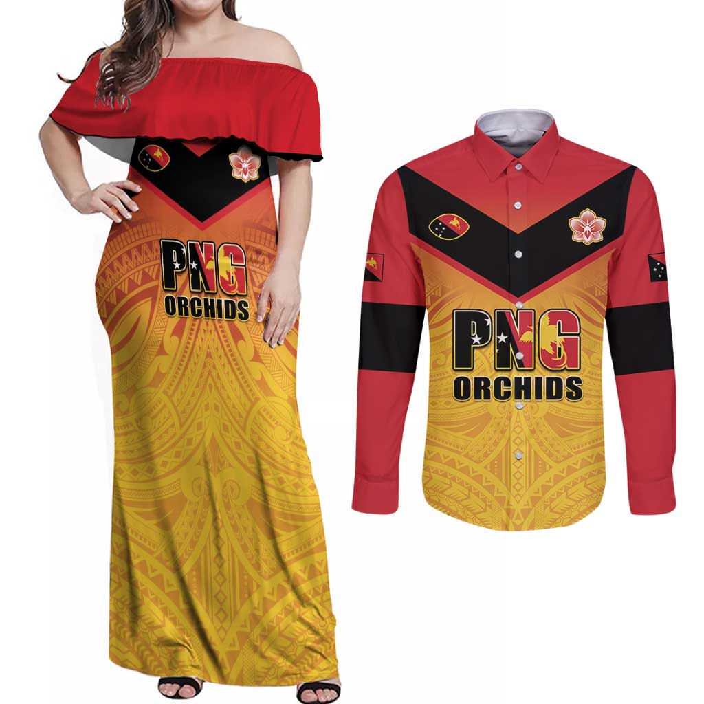 Papua New Guinea Rugby Custom Couples Matching Off Shoulder Maxi Dress and Long Sleeve Button Shirt Go Orchids Pacific Champions