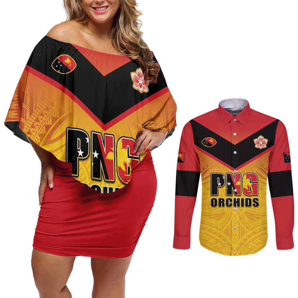 Papua New Guinea Rugby Custom Couples Matching Off Shoulder Short Dress and Long Sleeve Button Shirt Go Orchids Pacific Champions