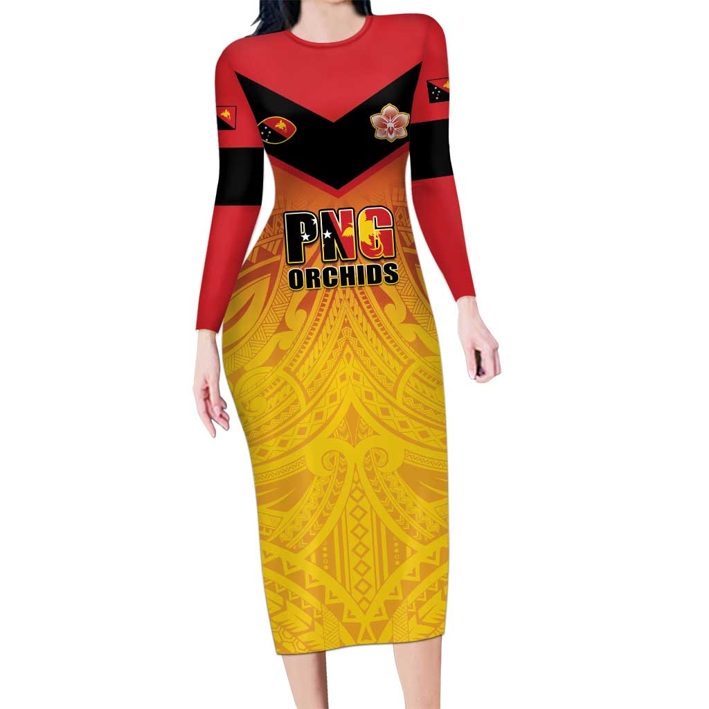 Papua New Guinea Rugby Custom Family Matching Long Sleeve Bodycon Dress and Hawaiian Shirt Go Orchids Pacific Champions