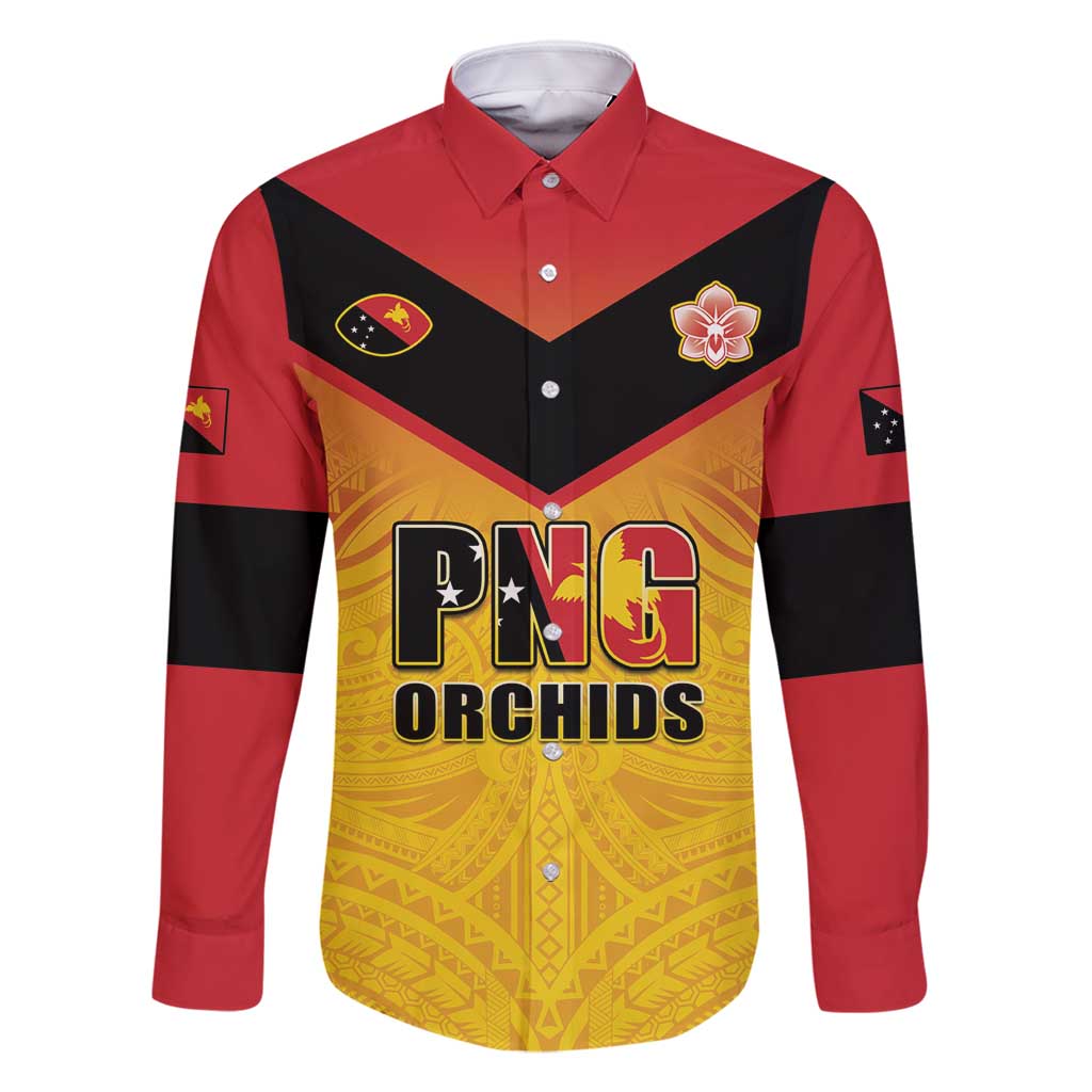 Papua New Guinea Rugby Custom Family Matching Mermaid Dress and Hawaiian Shirt Go Orchids Pacific Champions LT05 Dad's Shirt - Long Sleeve Yellow - Polynesian Pride