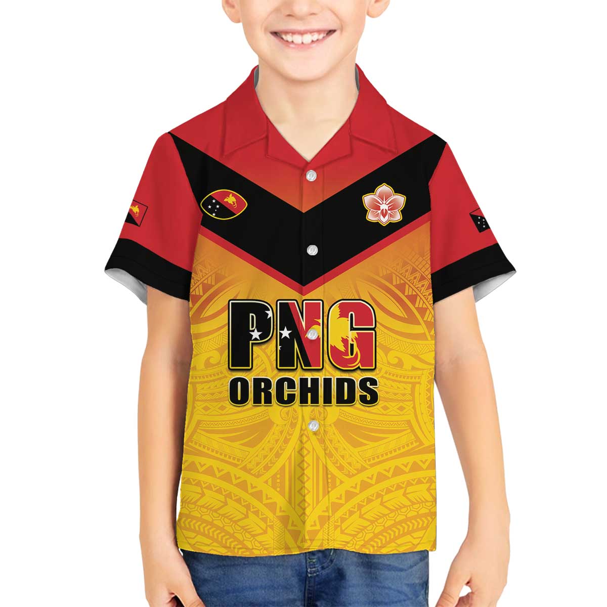 Papua New Guinea Rugby Custom Family Matching Off The Shoulder Long Sleeve Dress and Hawaiian Shirt Go Orchids Pacific Champions LT05 Son's Shirt Yellow - Polynesian Pride