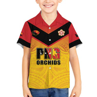 Papua New Guinea Rugby Custom Family Matching Off The Shoulder Long Sleeve Dress and Hawaiian Shirt Go Orchids Pacific Champions LT05 Son's Shirt Yellow - Polynesian Pride