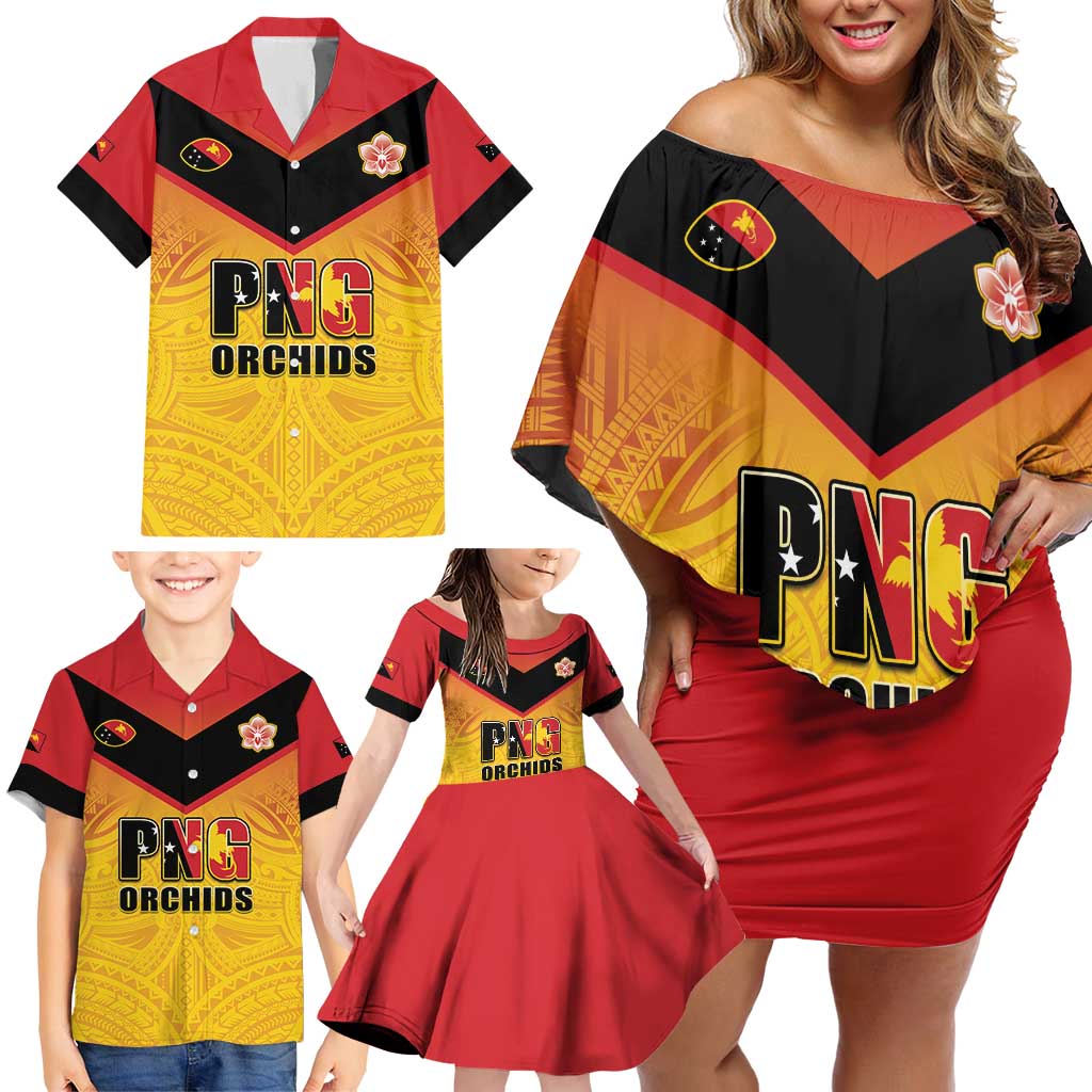 Papua New Guinea Rugby Custom Family Matching Off Shoulder Short Dress and Hawaiian Shirt Go Orchids Pacific Champions