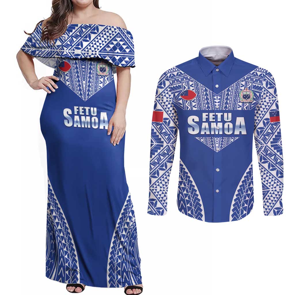 Fetu Samoa Rugby Custom Couples Matching Off Shoulder Maxi Dress and Long Sleeve Button Shirt Go Champions