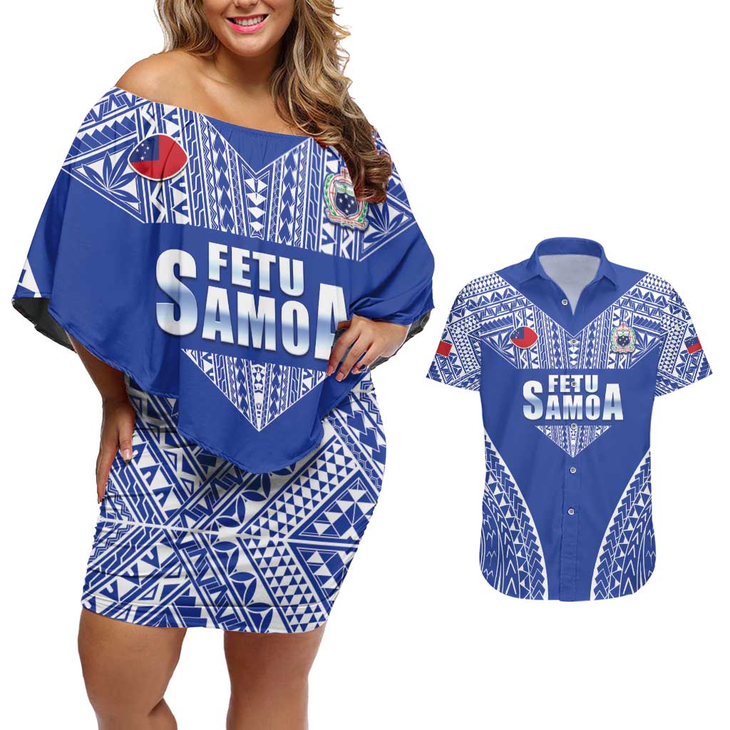 Fetu Samoa Rugby Custom Couples Matching Off Shoulder Short Dress and Hawaiian Shirt Go Champions