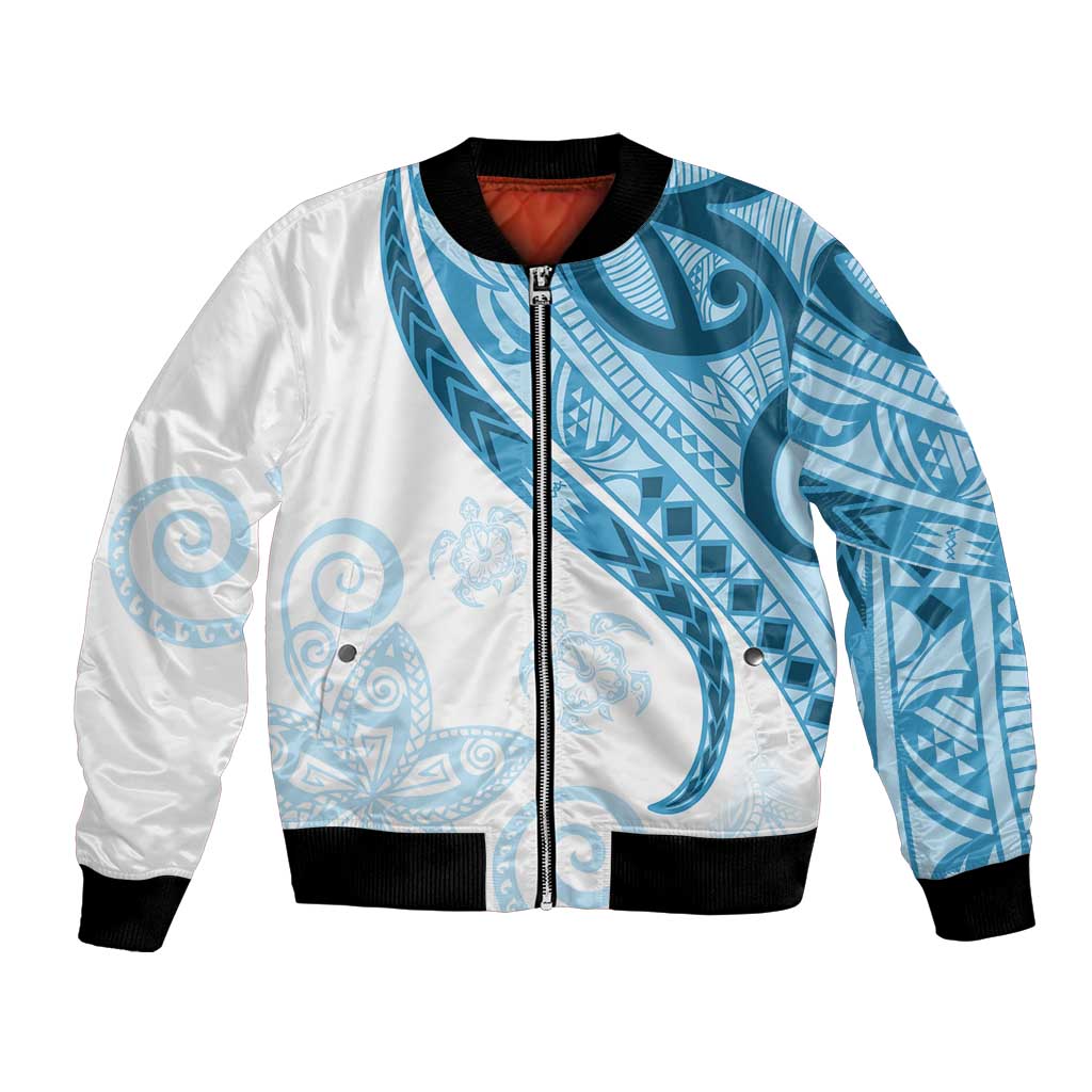 Blue Polynesian Tribal Turtle Floral Pattern Bomber Jacket