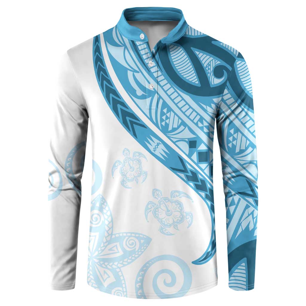 Blue Polynesian Tribal Turtle Floral Pattern Button Sweatshirt