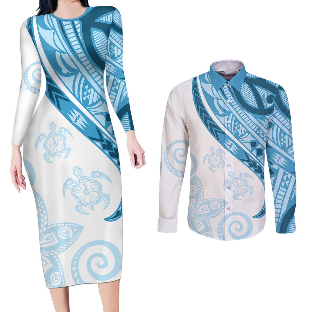 Blue Polynesian Tribal Turtle Floral Pattern Couples Matching Long Sleeve Bodycon Dress and Long Sleeve Button Shirt