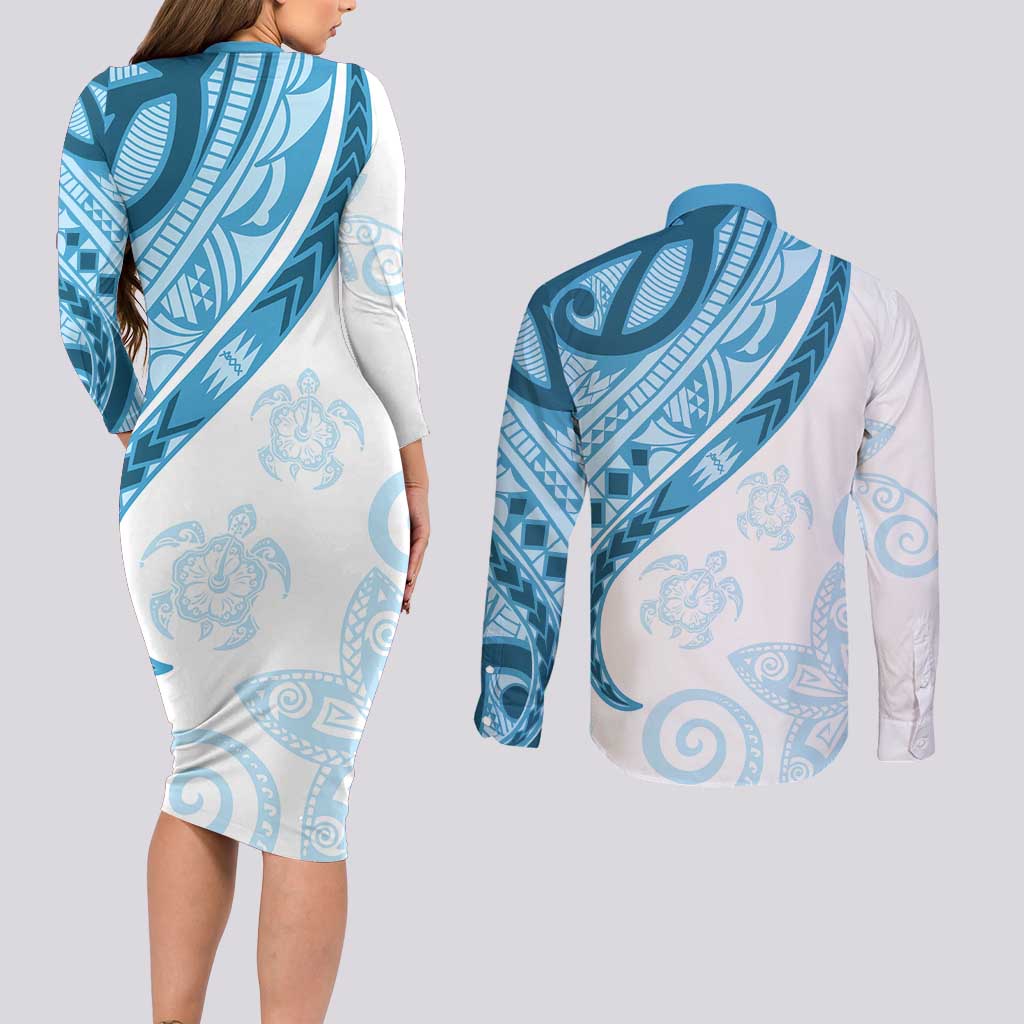 Blue Polynesian Tribal Turtle Floral Pattern Couples Matching Long Sleeve Bodycon Dress and Long Sleeve Button Shirt