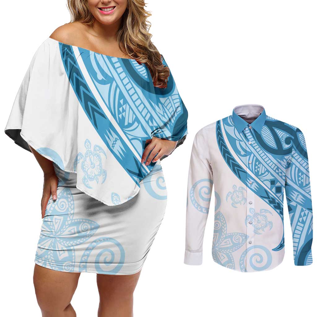 Blue Polynesian Tribal Turtle Floral Pattern Couples Matching Off Shoulder Short Dress and Long Sleeve Button Shirt