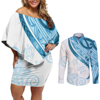 Blue Polynesian Tribal Turtle Floral Pattern Couples Matching Off Shoulder Short Dress and Long Sleeve Button Shirt