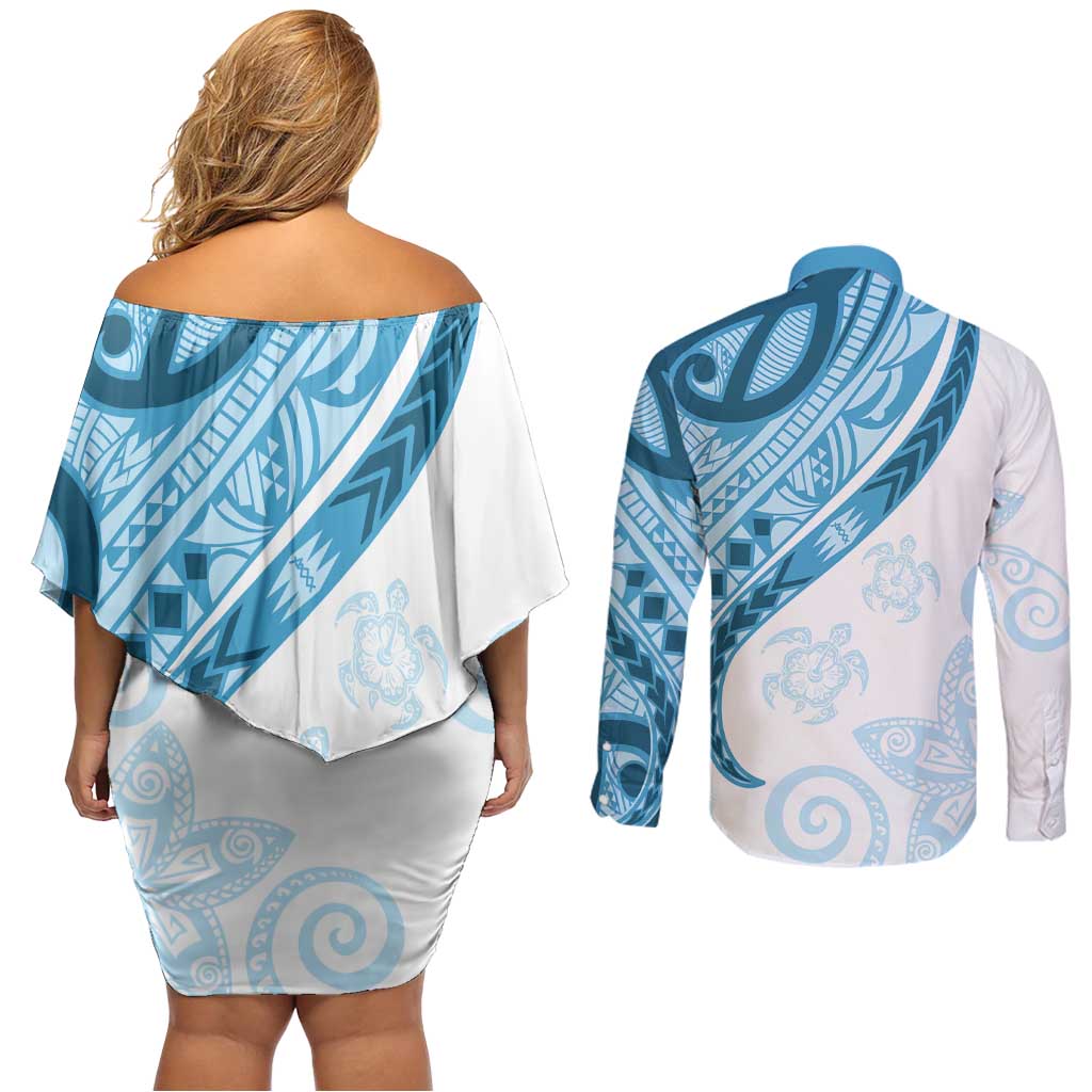 Blue Polynesian Tribal Turtle Floral Pattern Couples Matching Off Shoulder Short Dress and Long Sleeve Button Shirt