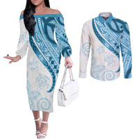 Blue Polynesian Tribal Turtle Floral Pattern Couples Matching Off The Shoulder Long Sleeve Dress and Long Sleeve Button Shirt