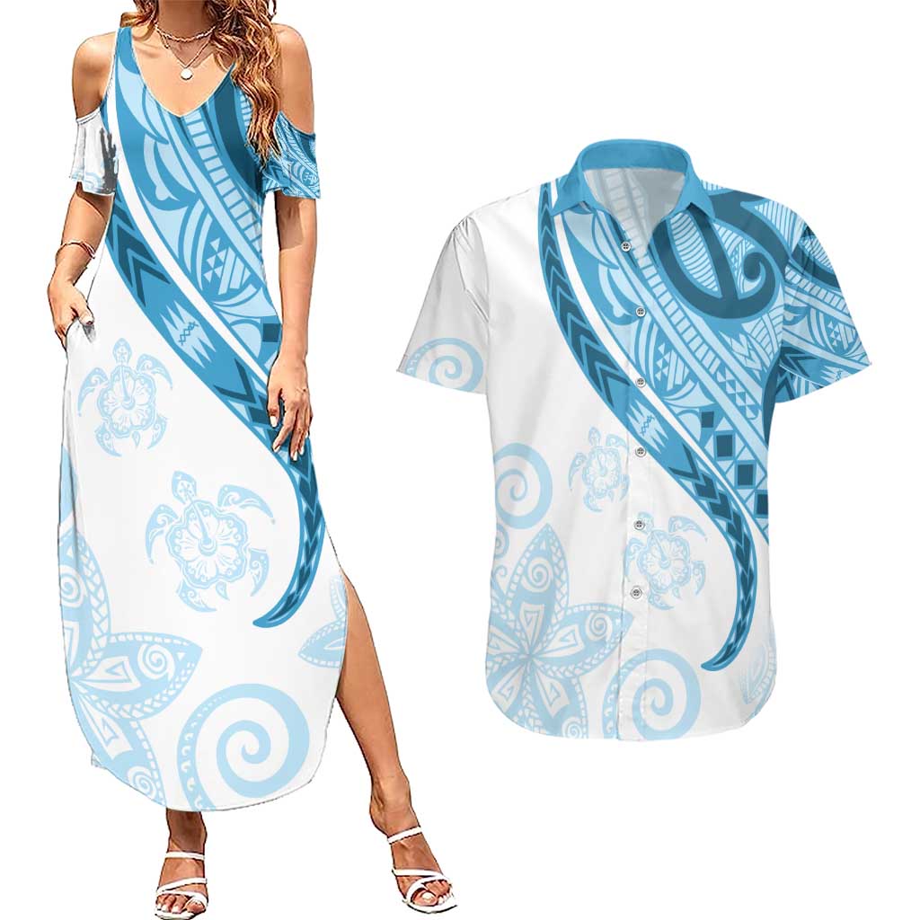 Blue Polynesian Tribal Turtle Floral Pattern Couples Matching Summer Maxi Dress and Hawaiian Shirt