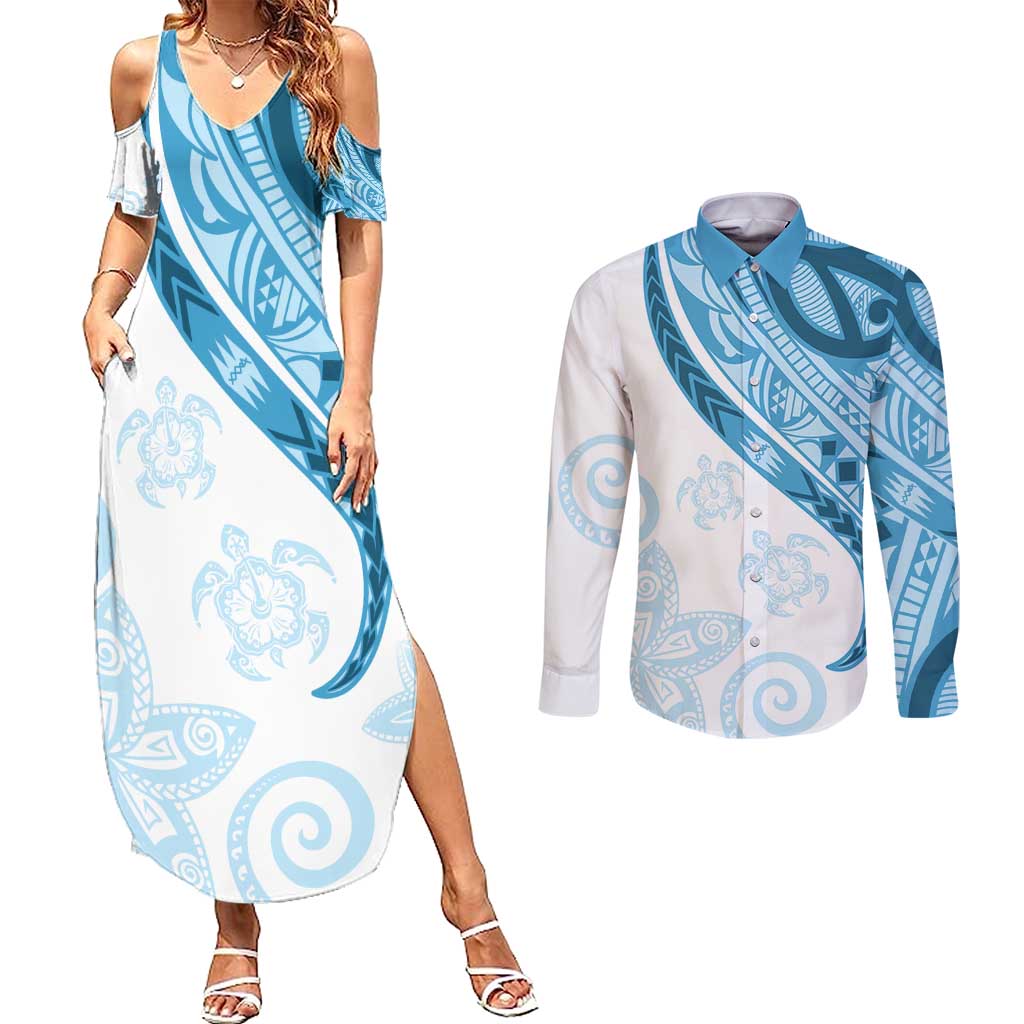 Blue Polynesian Tribal Turtle Floral Pattern Couples Matching Summer Maxi Dress and Long Sleeve Button Shirt