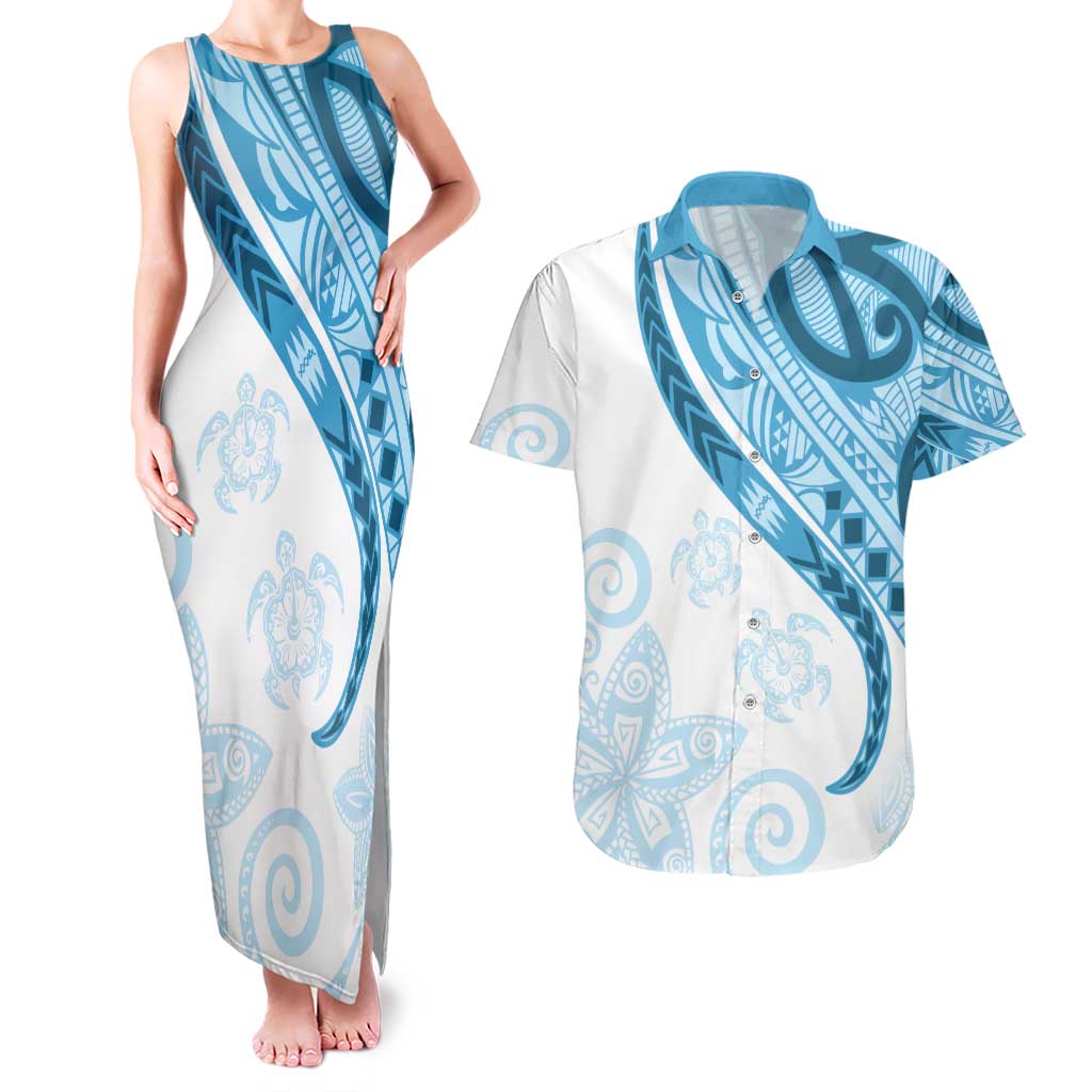 Blue Polynesian Tribal Turtle Floral Pattern Couples Matching Tank Maxi Dress and Hawaiian Shirt