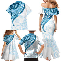 Blue Polynesian Tribal Turtle Floral Pattern Family Matching Mermaid Dress and Hawaiian Shirt