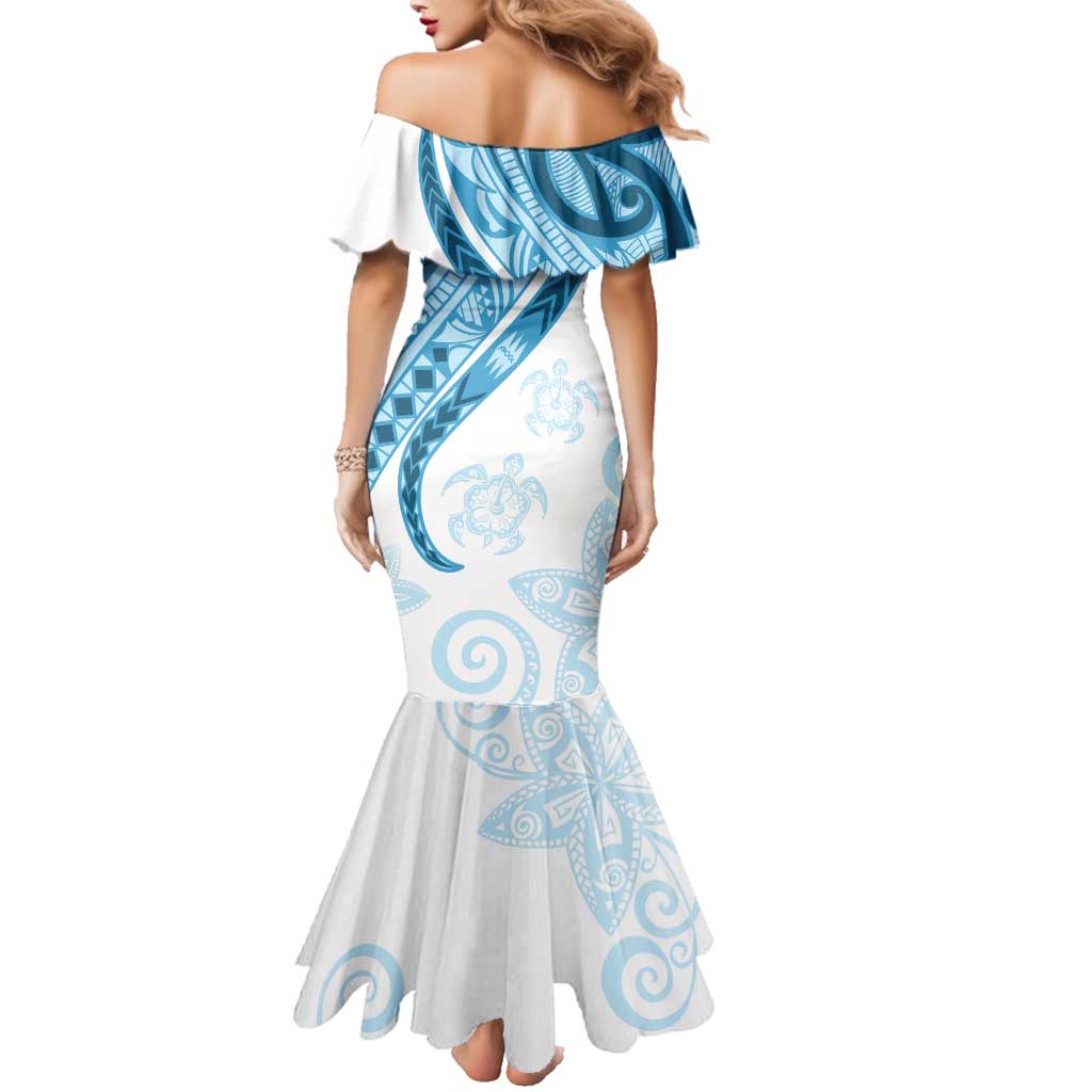 Blue Polynesian Tribal Turtle Floral Pattern Family Matching Mermaid Dress and Hawaiian Shirt