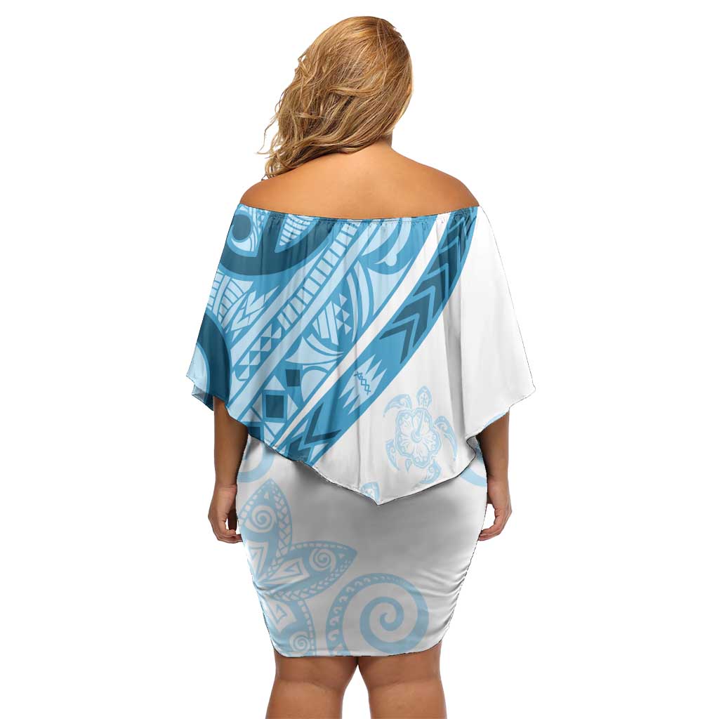 Blue Polynesian Tribal Turtle Floral Pattern Family Matching Off Shoulder Short Dress and Hawaiian Shirt