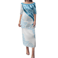 Blue Polynesian Tribal Turtle Floral Pattern Family Matching Puletasi and Hawaiian Shirt