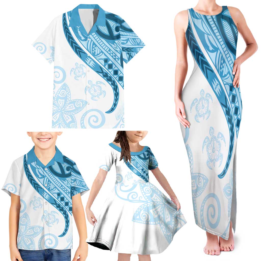 Blue Polynesian Tribal Turtle Floral Pattern Family Matching Tank Maxi Dress and Hawaiian Shirt