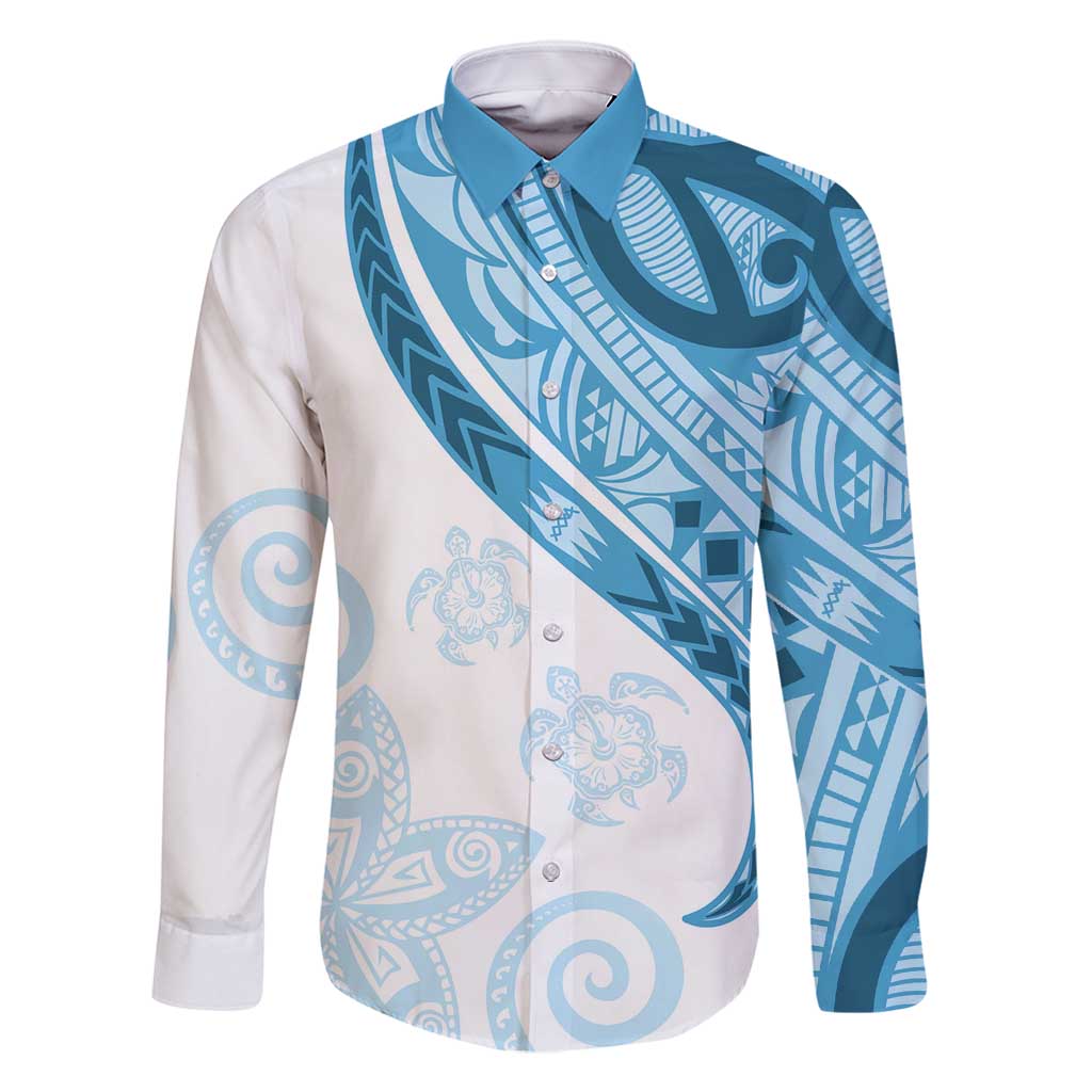 Blue Polynesian Tribal Turtle Floral Pattern Family Matching Tank Maxi Dress and Hawaiian Shirt