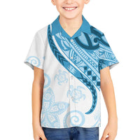 Blue Polynesian Tribal Turtle Floral Pattern Kid Hawaiian Shirt
