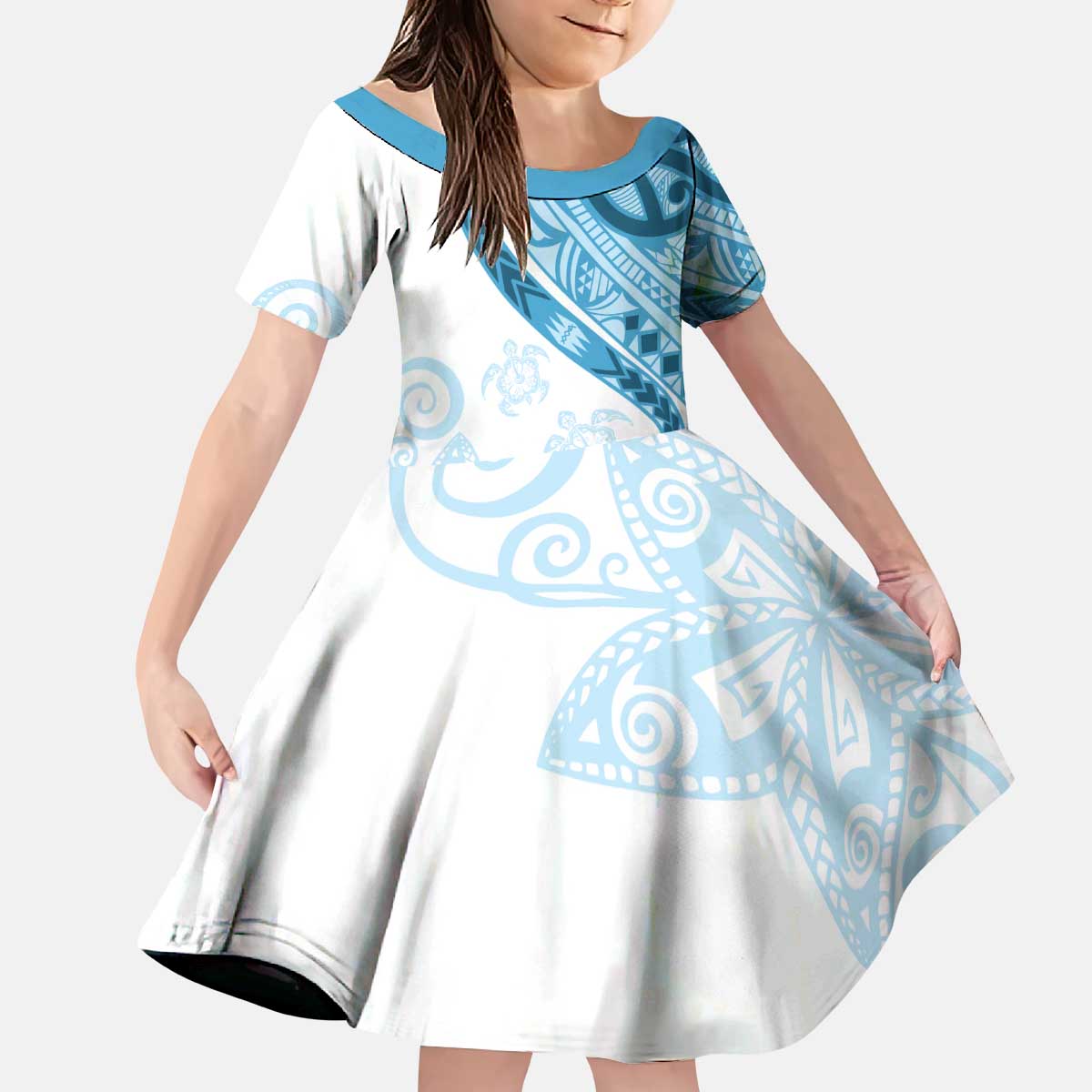 Blue Polynesian Tribal Turtle Floral Pattern Kid Short Sleeve Dress