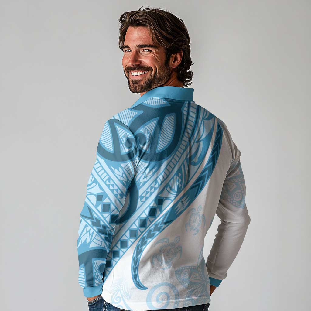 Blue Polynesian Tribal Turtle Floral Pattern Long Sleeve Polo Shirt