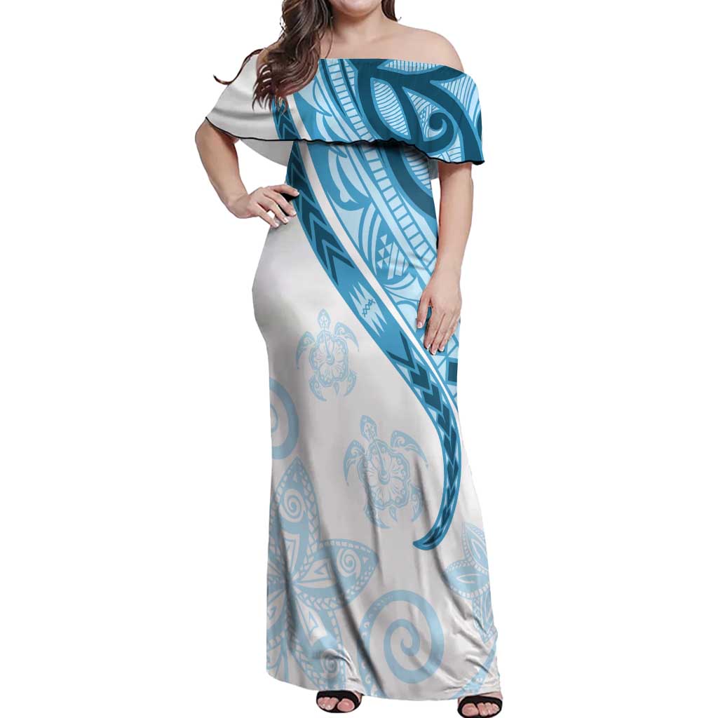 Blue Polynesian Tribal Turtle Floral Pattern Off Shoulder Maxi Dress