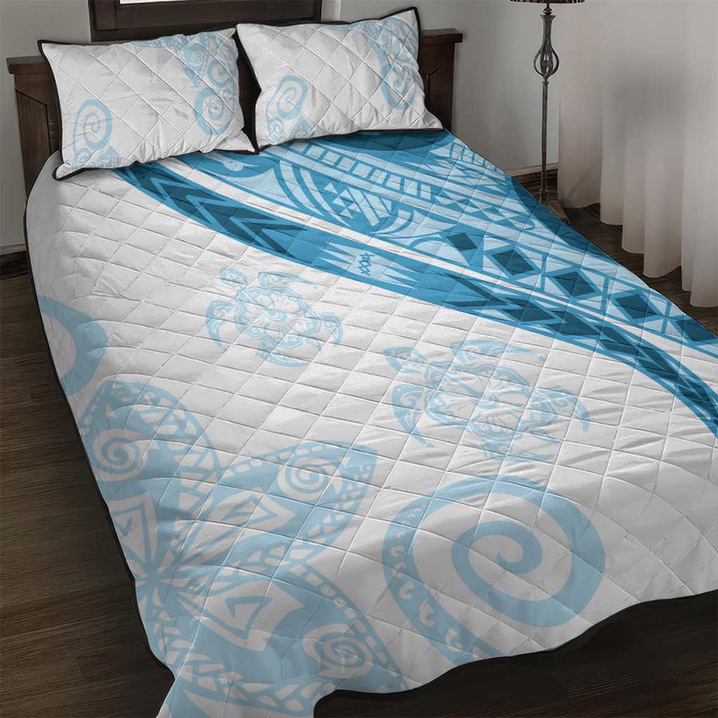 Blue Polynesian Tribal Turtle Floral Pattern Quilt Bed Set