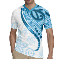 Blue Polynesian Tribal Turtle Floral Pattern Rugby Jersey
