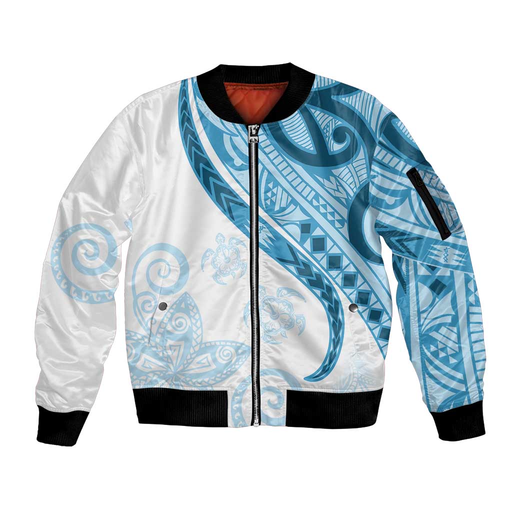 Blue Polynesian Tribal Turtle Floral Pattern Sleeve Zip Bomber Jacket