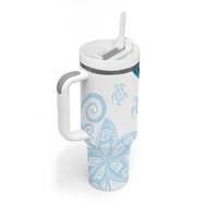 Blue Polynesian Tribal Turtle Floral Pattern Tumbler With Handle