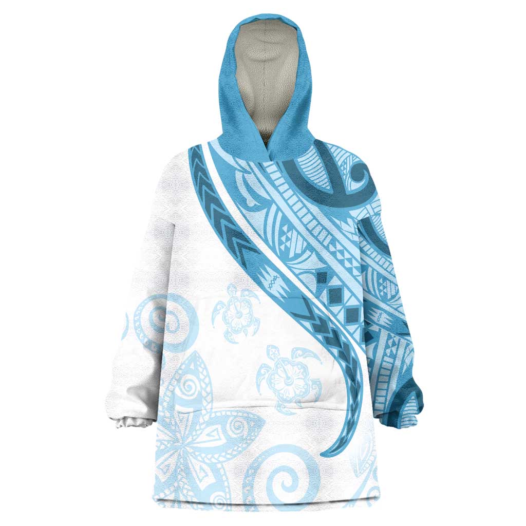 Blue Polynesian Tribal Turtle Floral Pattern Wearable Blanket Hoodie