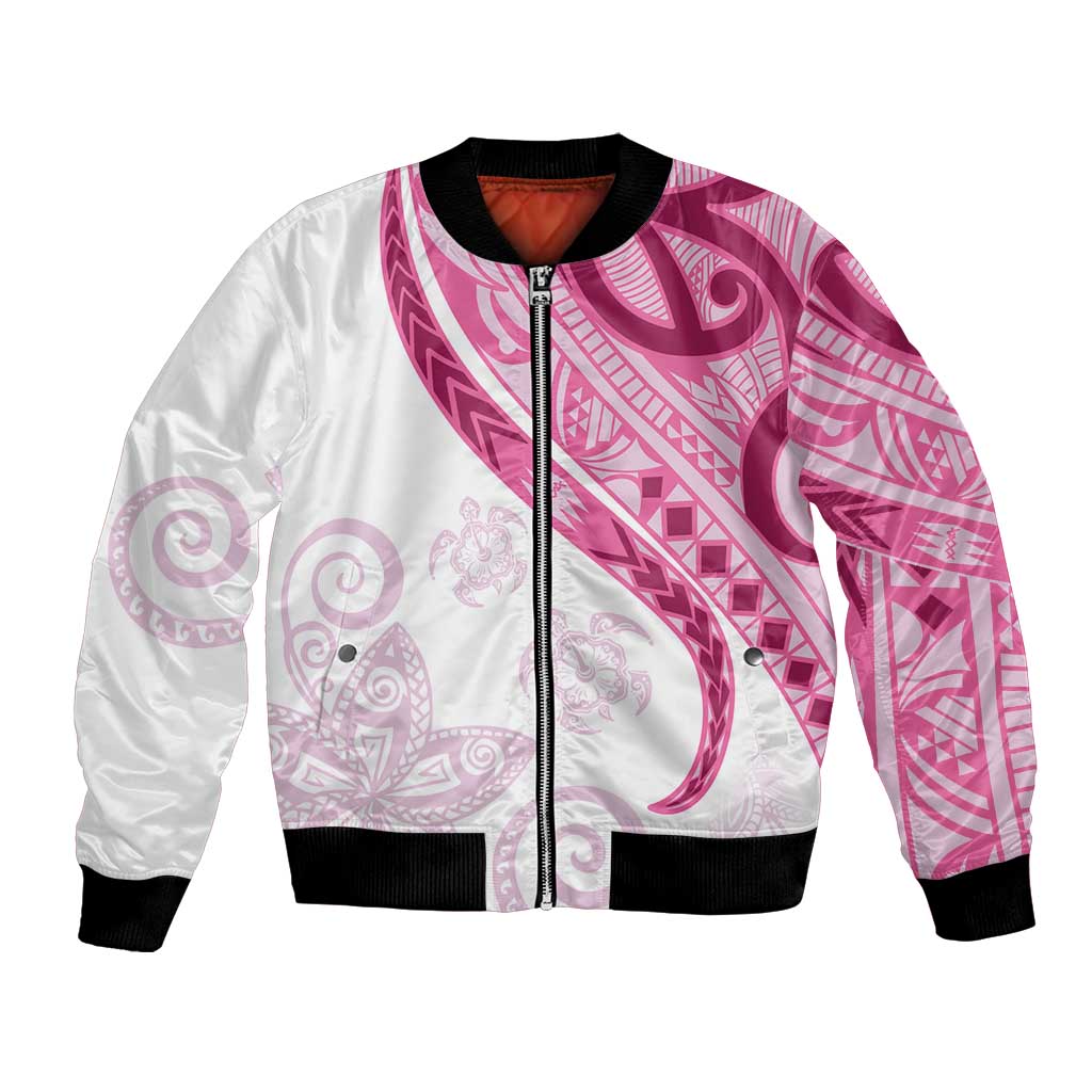 Rose Pink Polynesian Tribal Turtle Floral Pattern Bomber Jacket