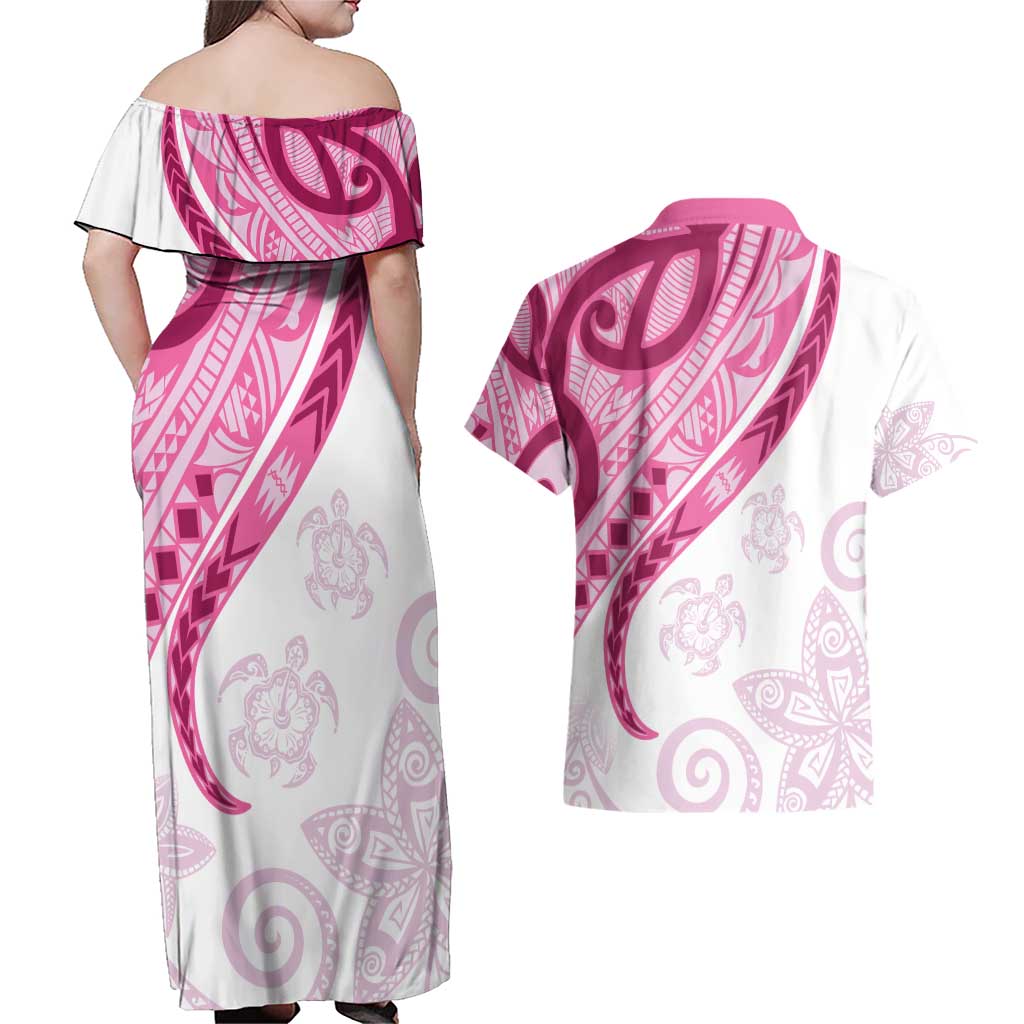 Rose Pink Polynesian Tribal Turtle Floral Pattern Couples Matching Off Shoulder Maxi Dress and Hawaiian Shirt