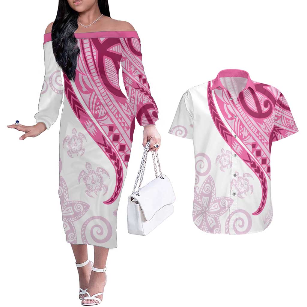 Rose Pink Polynesian Tribal Turtle Floral Pattern Couples Matching Off The Shoulder Long Sleeve Dress and Hawaiian Shirt