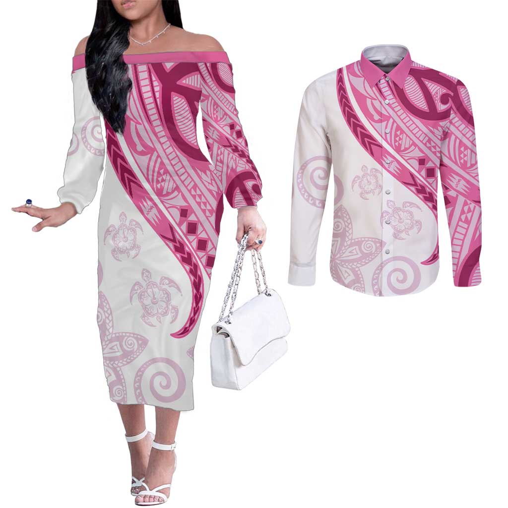 Rose Pink Polynesian Tribal Turtle Floral Pattern Couples Matching Off The Shoulder Long Sleeve Dress and Long Sleeve Button Shirt