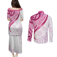 Rose Pink Polynesian Tribal Turtle Floral Pattern Couples Matching Puletasi and Long Sleeve Button Shirt