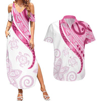 Rose Pink Polynesian Tribal Turtle Floral Pattern Couples Matching Summer Maxi Dress and Hawaiian Shirt
