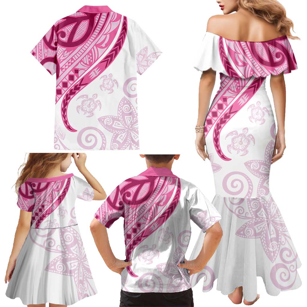 Rose Pink Polynesian Tribal Turtle Floral Pattern Family Matching Mermaid Dress and Hawaiian Shirt